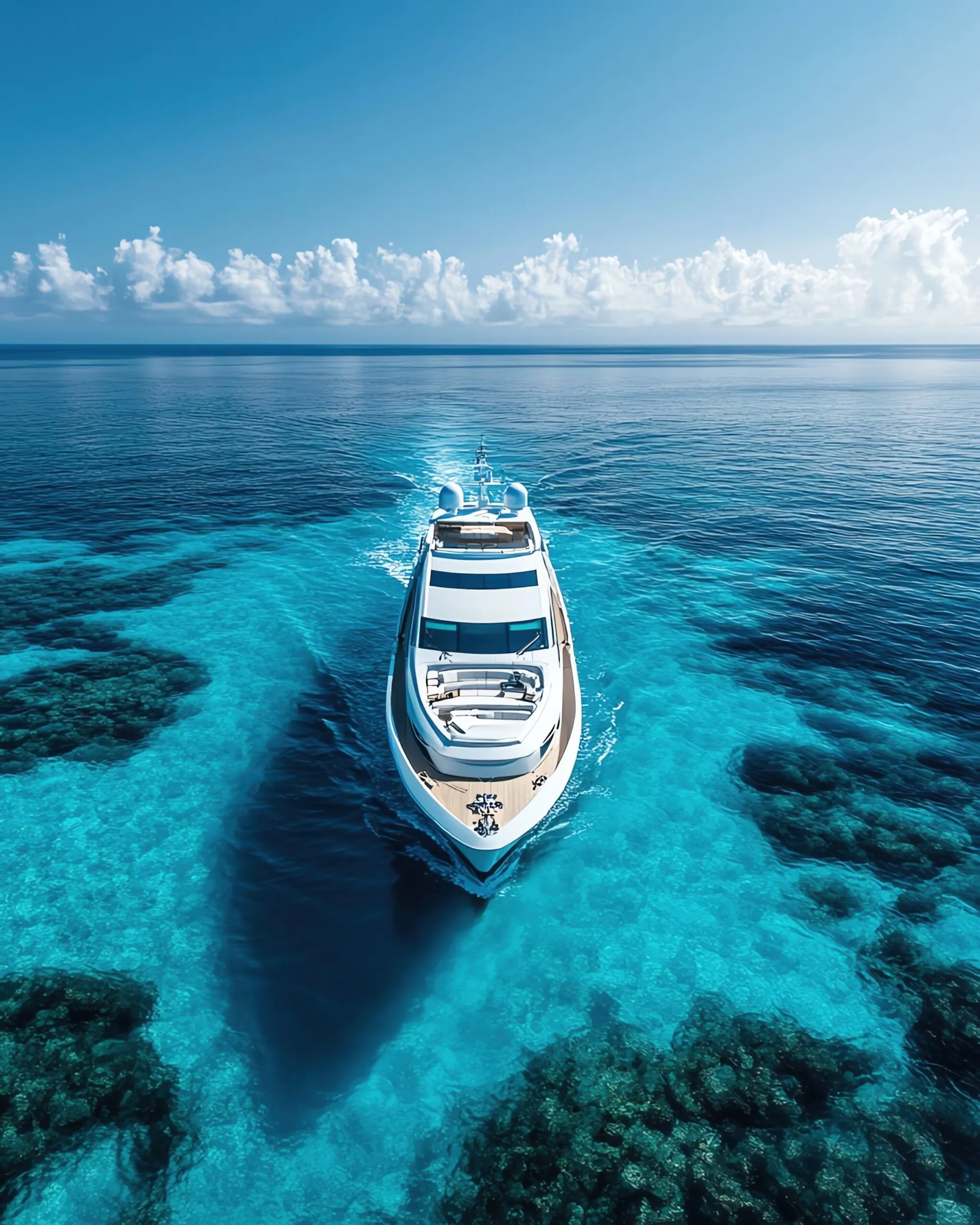 Aerial view of a yacht in turquoise water
